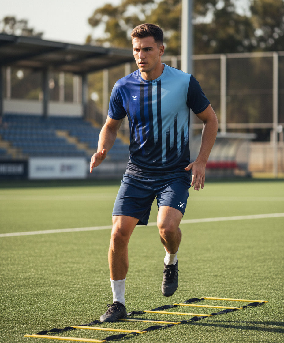 Man running on a sports field with a blue and navy outfit