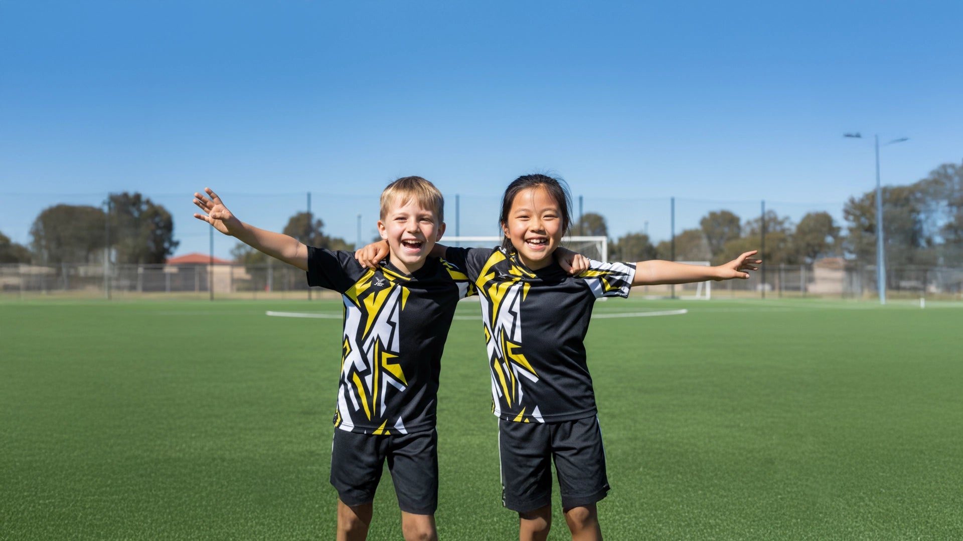 Two children in sports uniforms standing on a soccer field with arms outstretched.