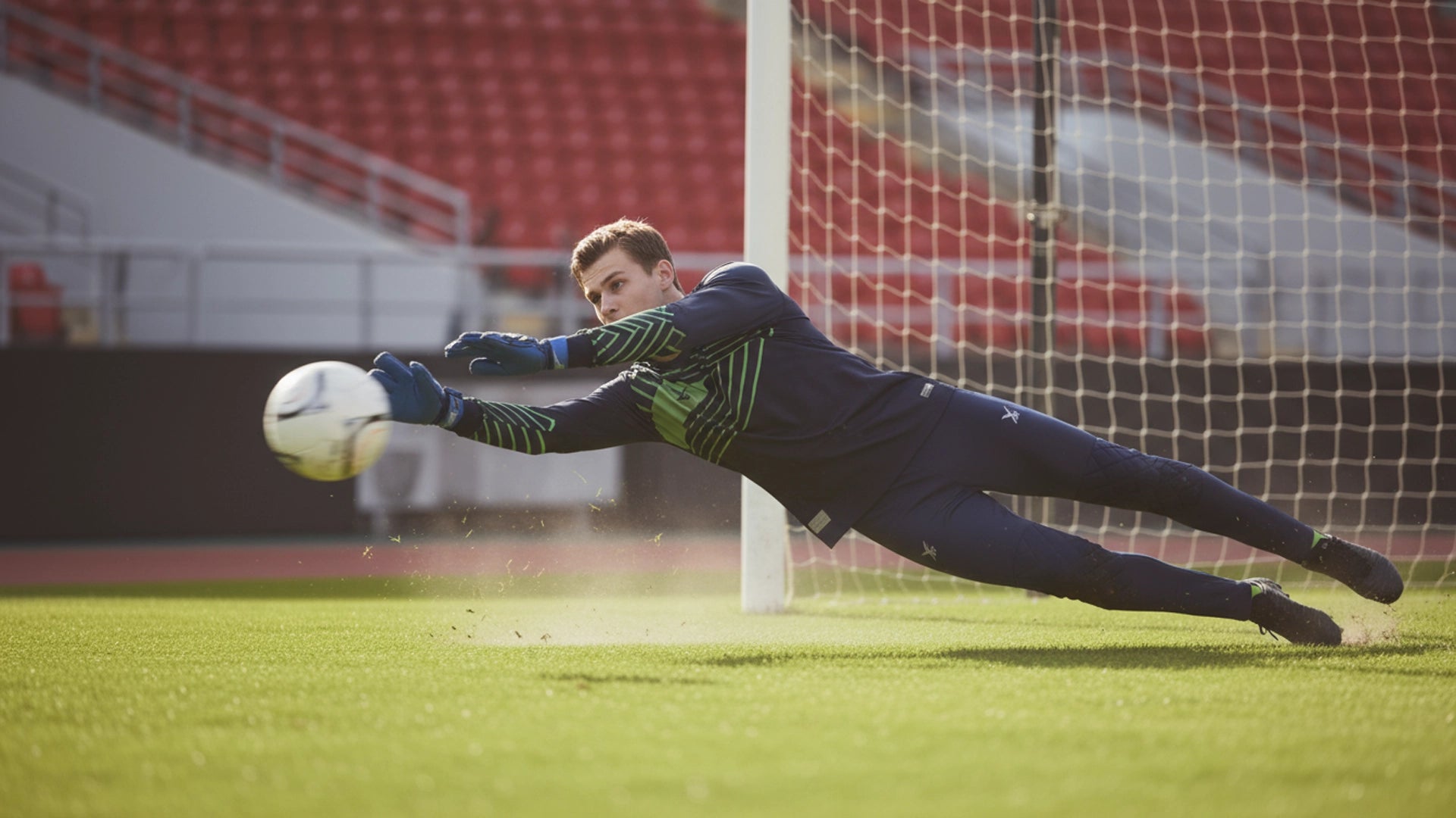 Goalkeeper diving to catch a soccer ball on a field with stadium seats in the background