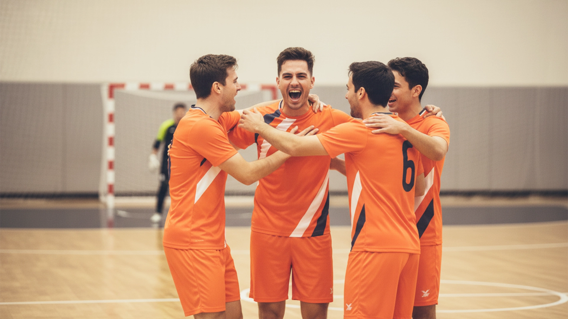 Four men in orange sports uniforms celebrating on a basketball court.