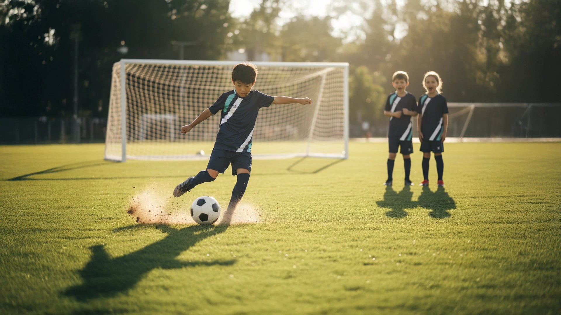 Children playing soccer on a grass field with a goal in the background.