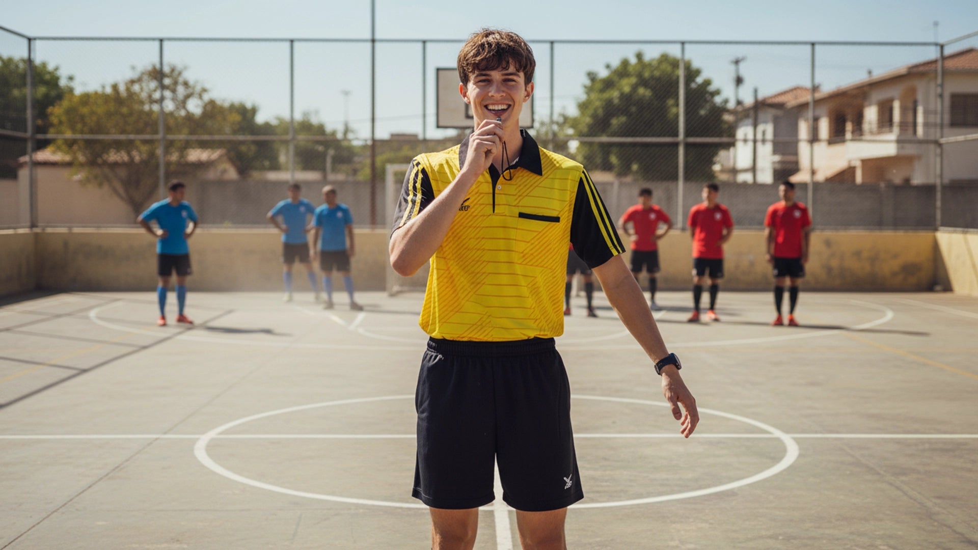 Referee in yellow and black uniform on a basketball court with players in the background